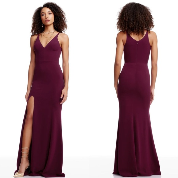 DRESS THE POPULATION IRIS DARK MAGENTA CREPE FITTED HIGH SLIT FLOOR LENGTH GOWN - Picture 1 of 14
